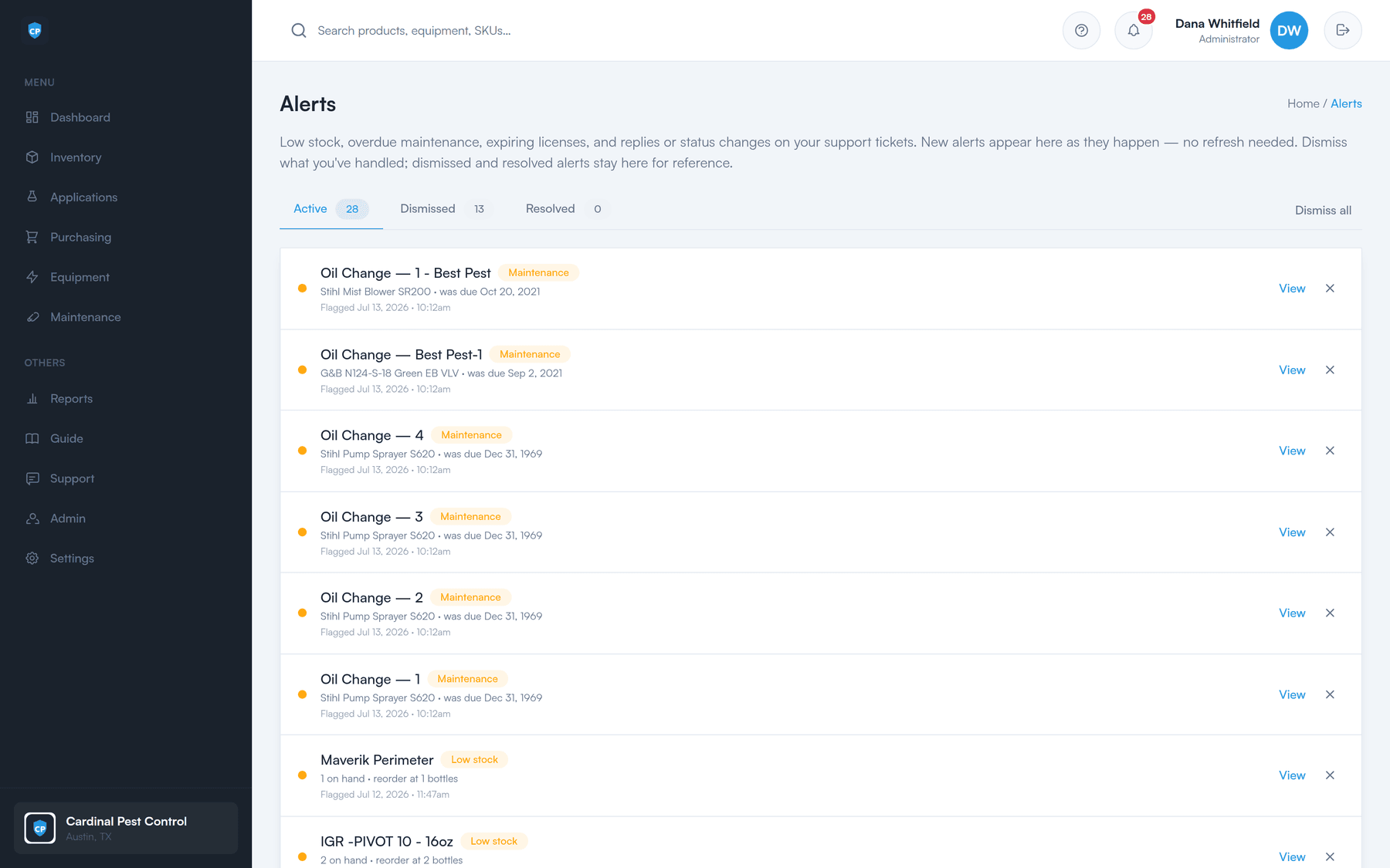 The alerts page listing active alerts for low stock, overdue maintenance, and expiring licenses, each with a view and dismiss action.