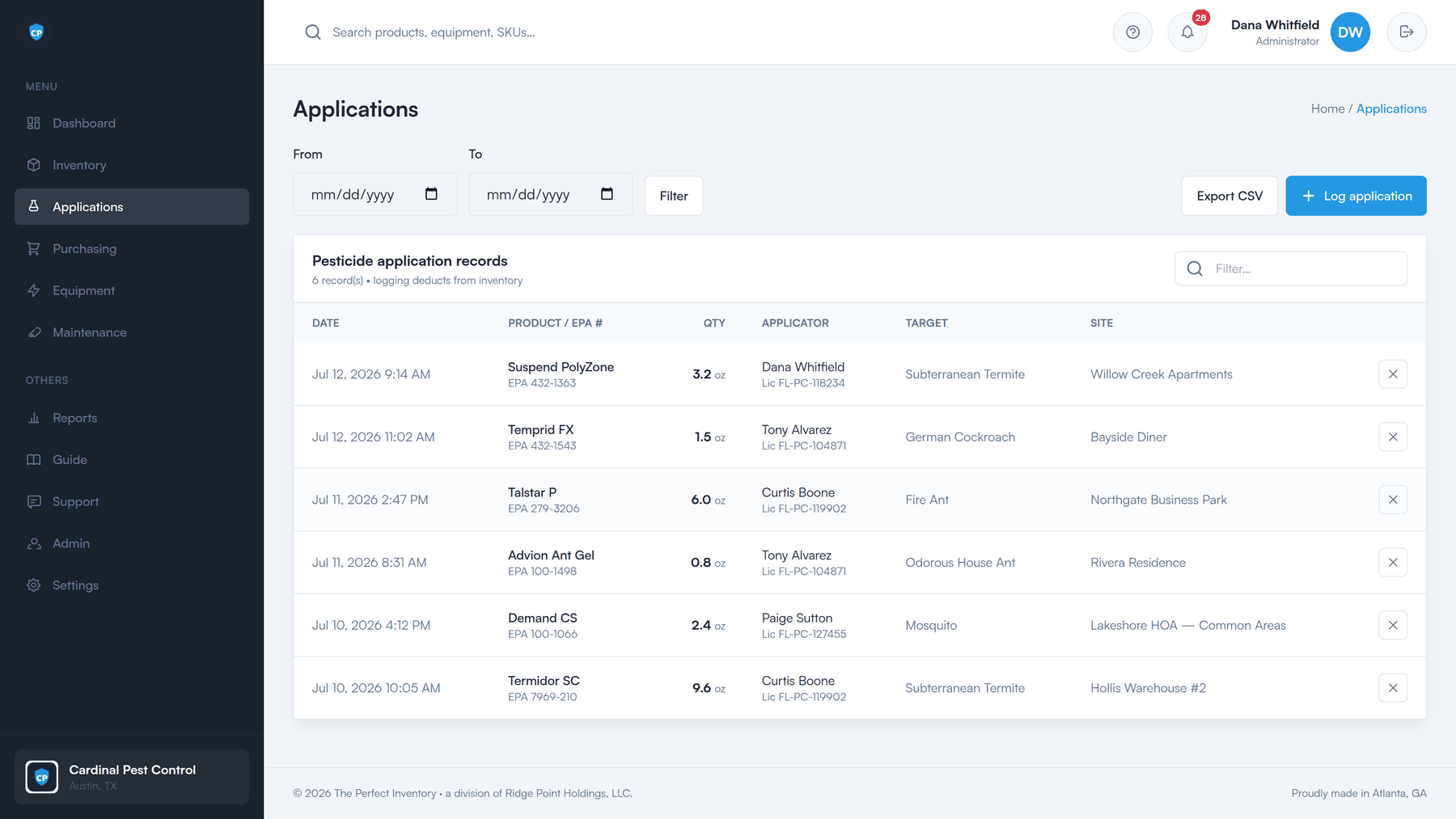 Pesticide application records: date, product with EPA number, quantity, applicator with license number, target pest, and site.