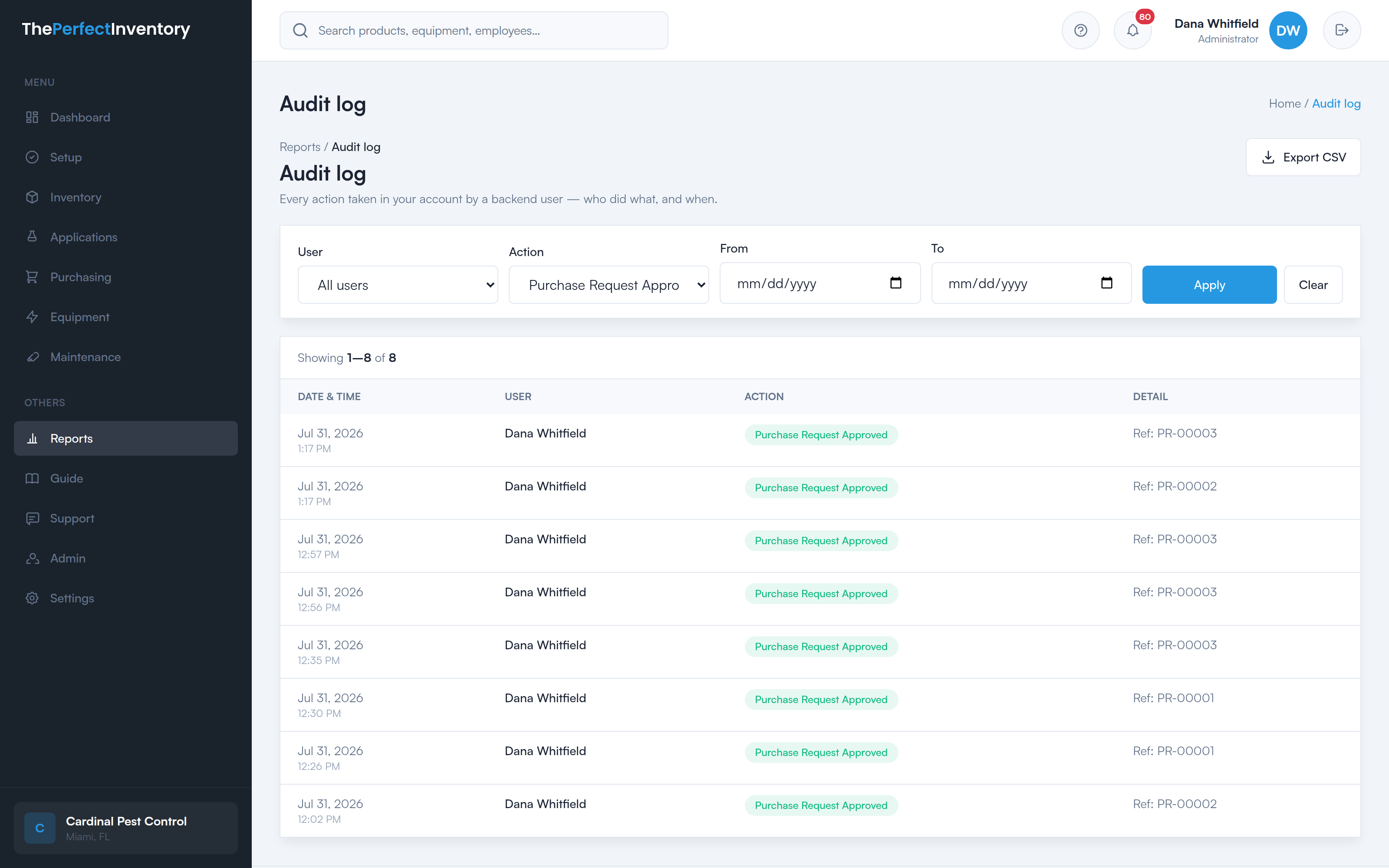 The audit log report: date and time, user, action, and detail for each event, with filters for user, action type and date range, and a CSV export.