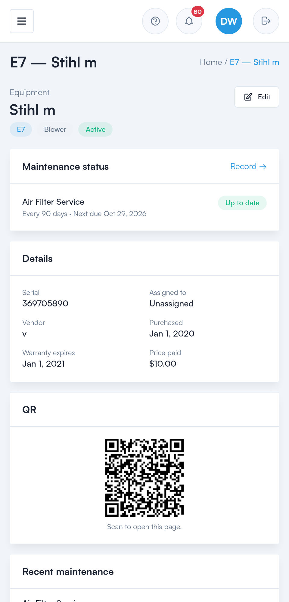 An equipment item opened from a QR scan on a phone: its ID and type, maintenance status, details, the item’s own QR code, and recent maintenance.