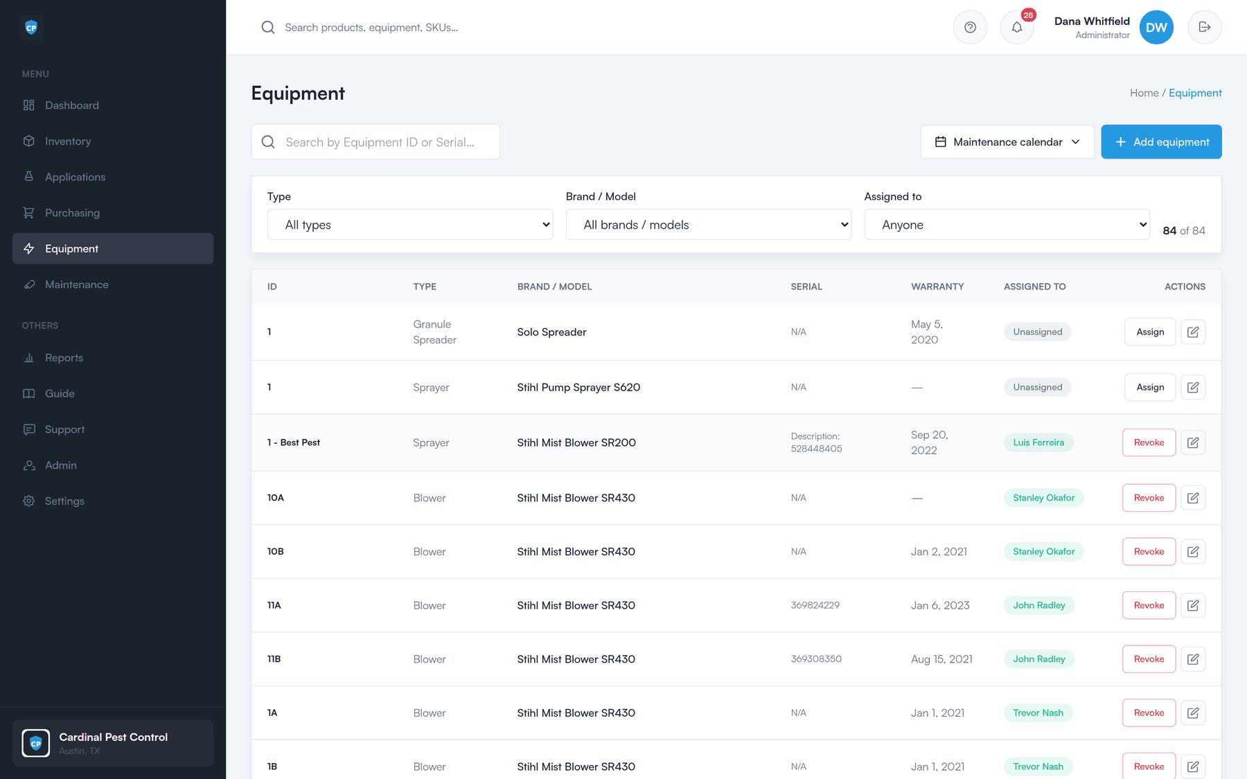 The equipment list in The Perfect Inventory, showing each asset with its type, brand, model, and assignment.
