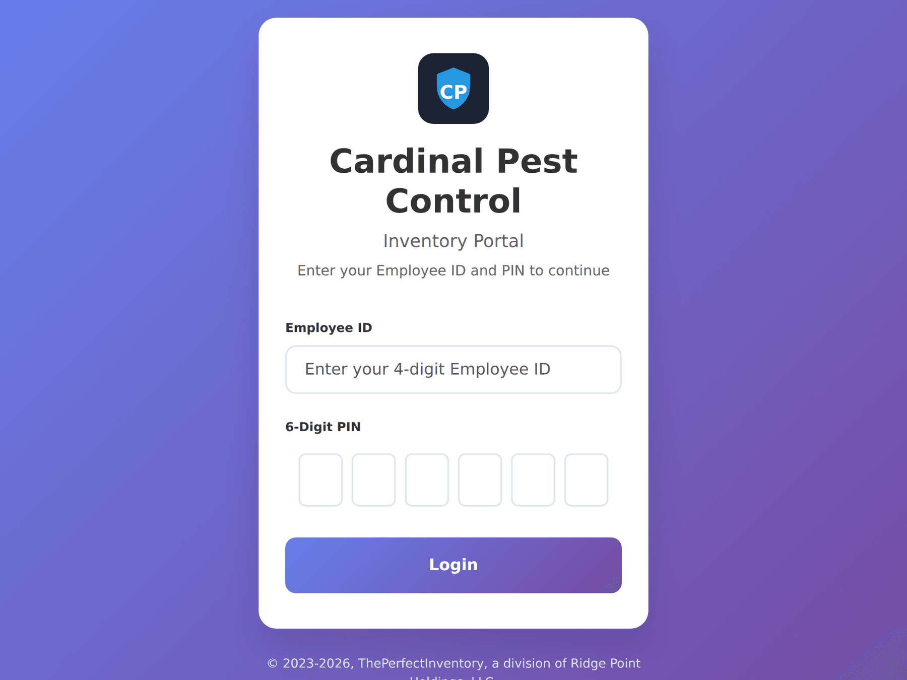 The field portal login on a tablet: company logo, Employee ID field, and a six-digit PIN entry.