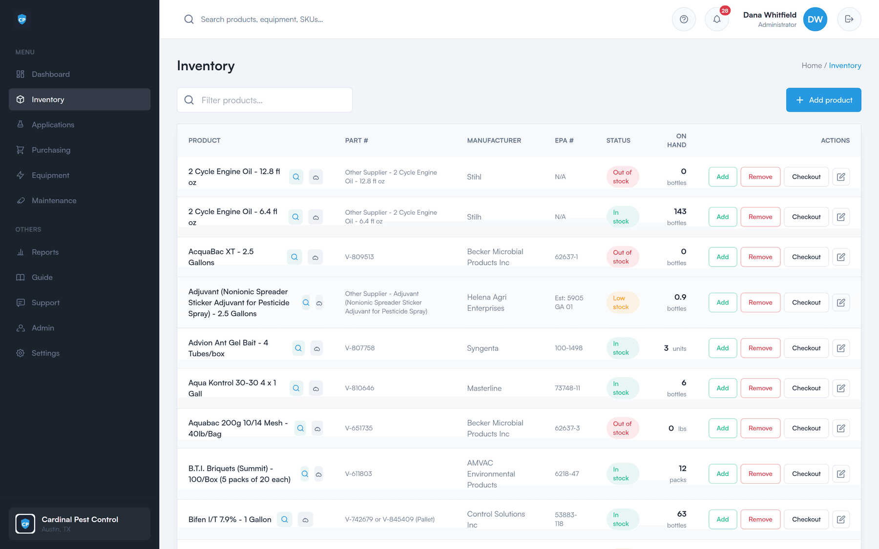 The inventory list in the office app, showing products with their live on-hand stock levels.