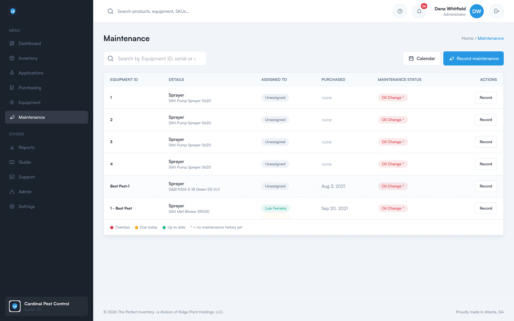 Recurring maintenance schedules in The Perfect Inventory, showing what is due for each type of equipment.