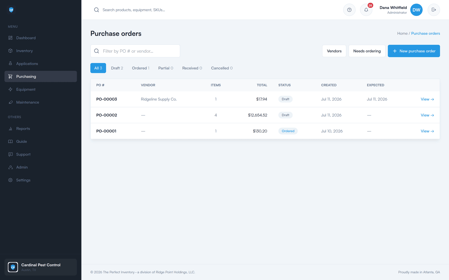 The purchase order list: PO number, vendor, item count, total, status, created and expected dates, filtered by draft, ordered, partial, received, or cancelled.