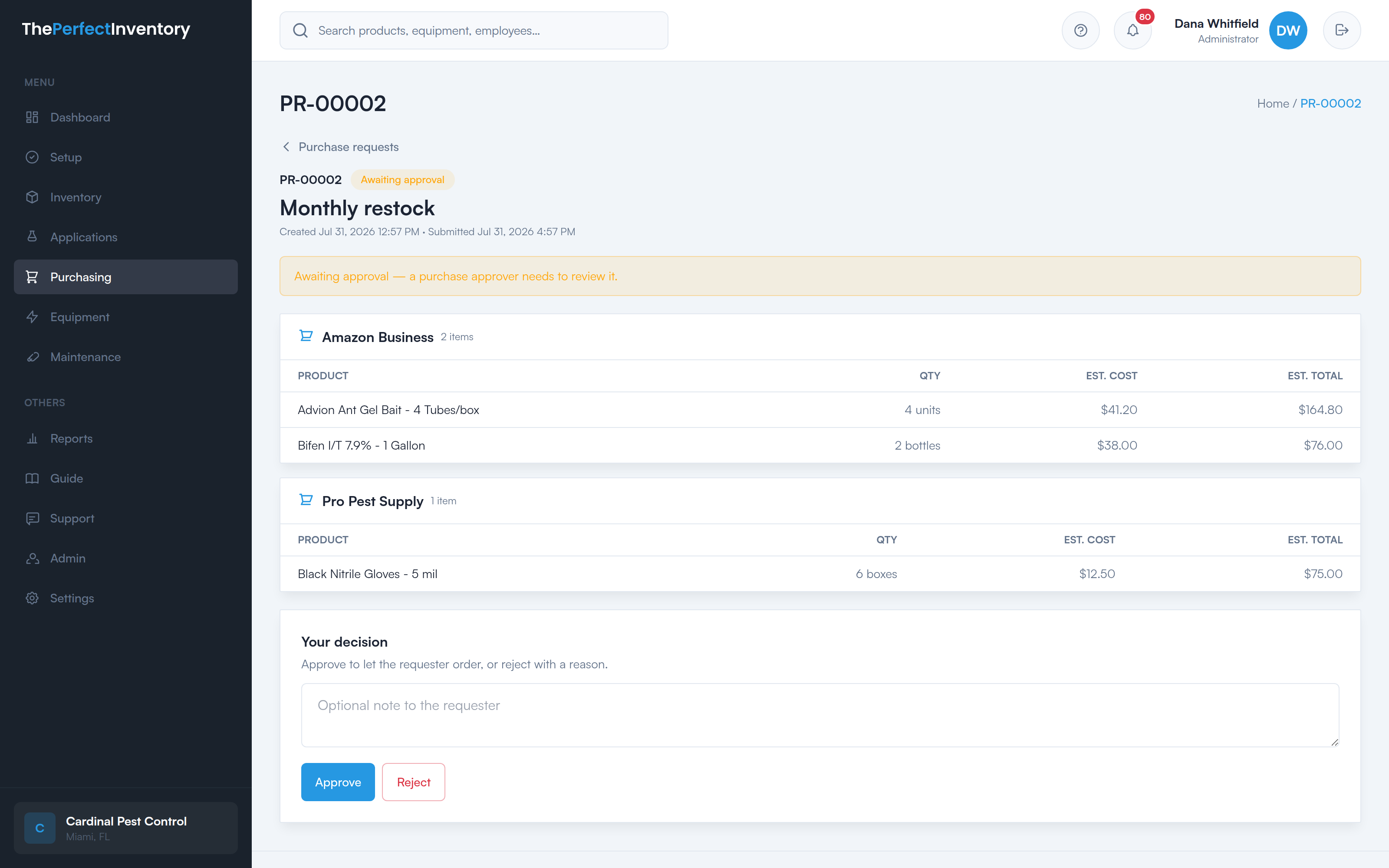 A request awaiting approval, grouped by vendor, with an approver’s decision panel: an optional note and Approve or Reject buttons.
