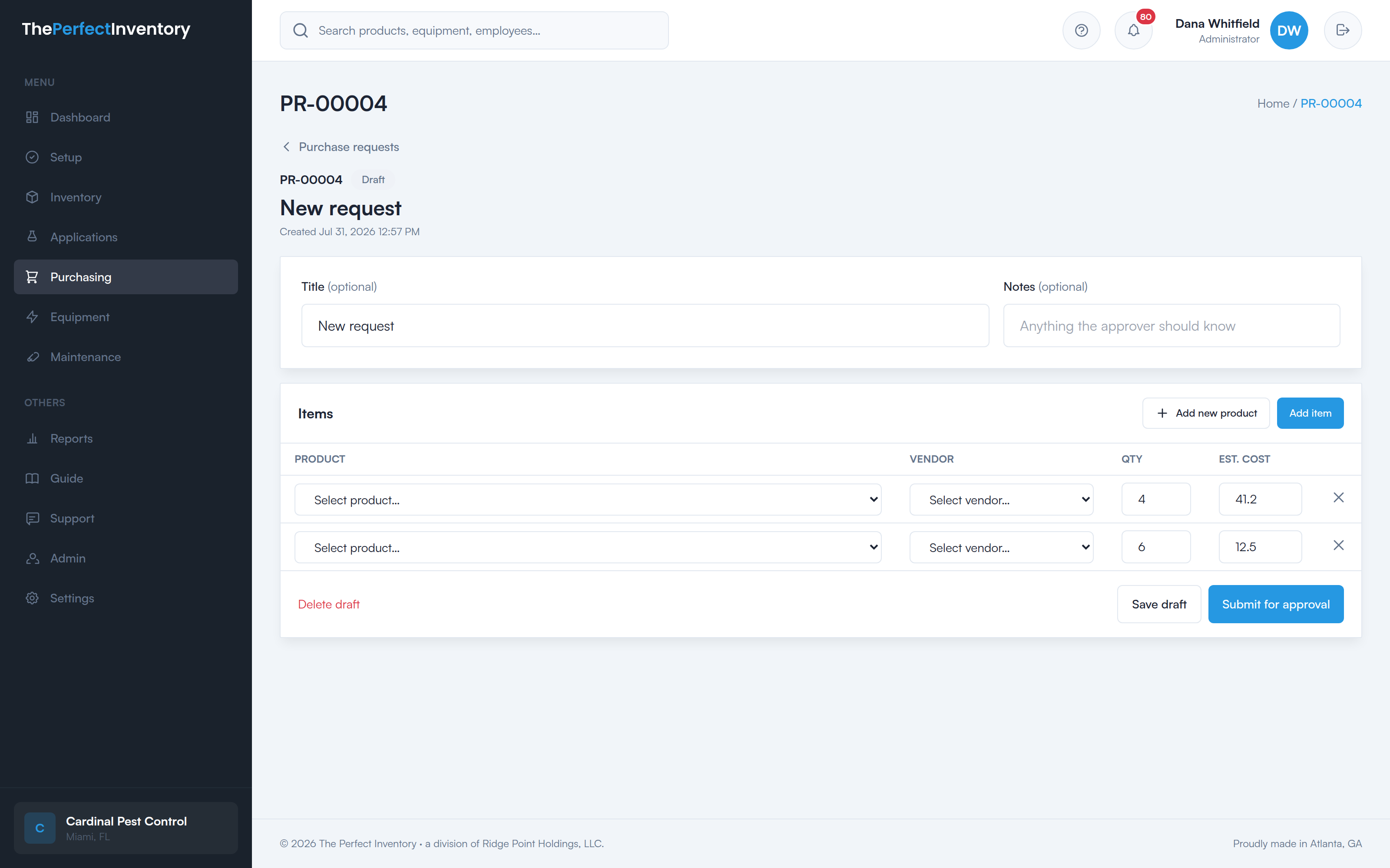 Building a purchase request: a table of line items, each with a product, a vendor, a quantity and an estimated cost, plus an ‘Add new product’ button.