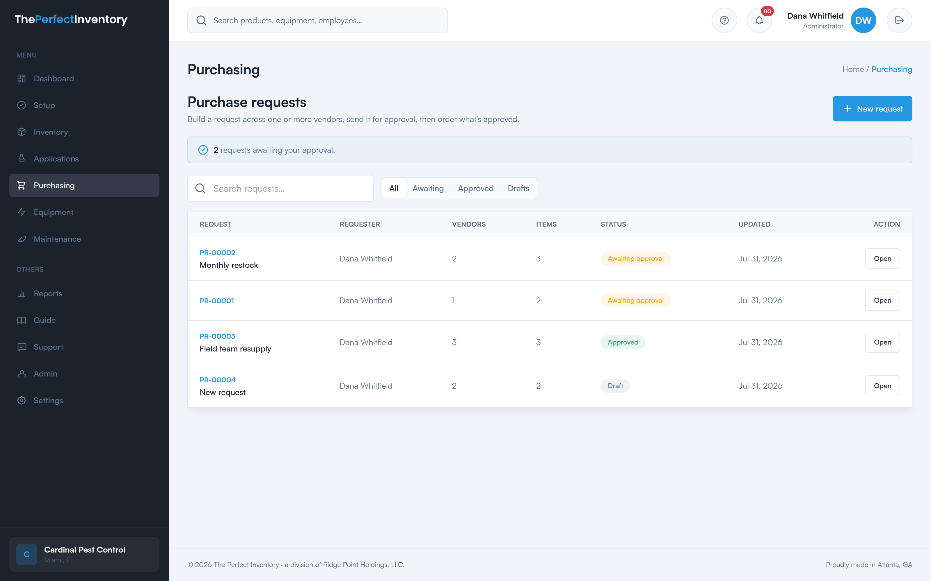 The purchase requests list: request number, requester, vendor count, item count, status (draft, awaiting approval, approved) and last updated.