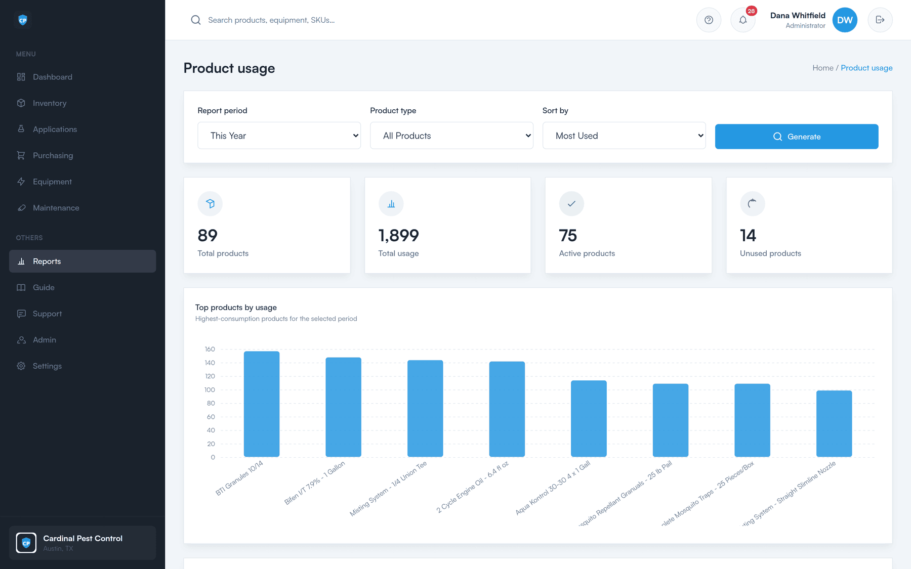 The product usage report: products with quantities used over a selected date range, with a CSV export.