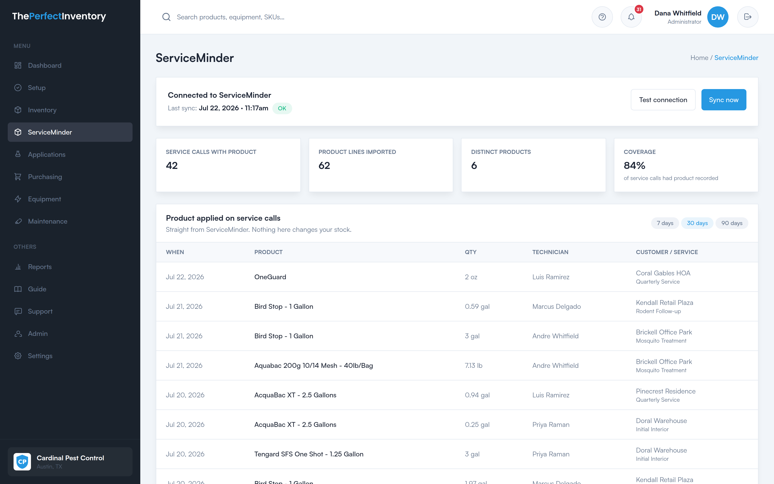 The ServiceMinder screen in The Perfect Inventory, listing product applied on each service call with quantity, technician and customer, above a coverage figure.